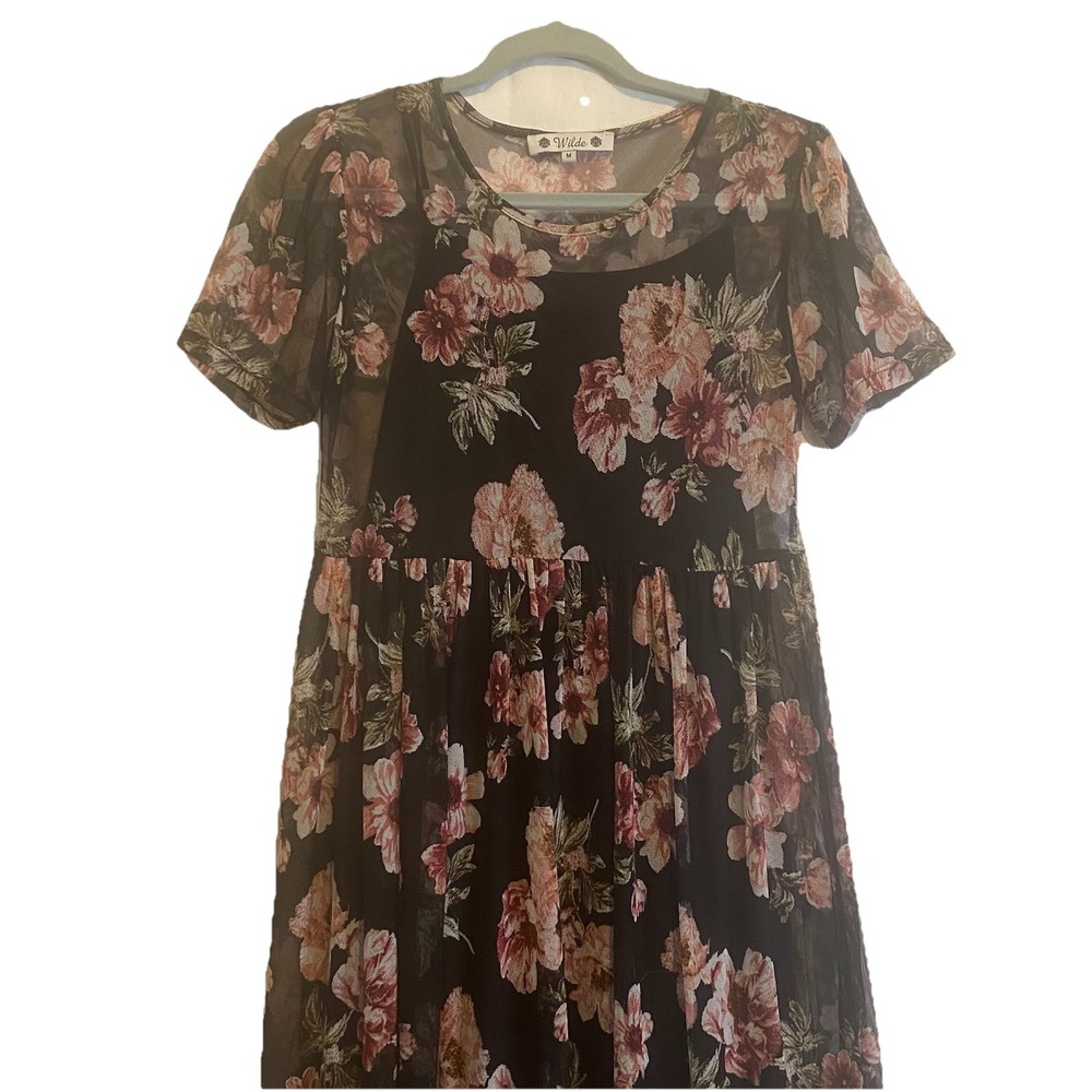 Wilde Dark Fairy Floral Mesh Dress With Lining Romantic Sz Med